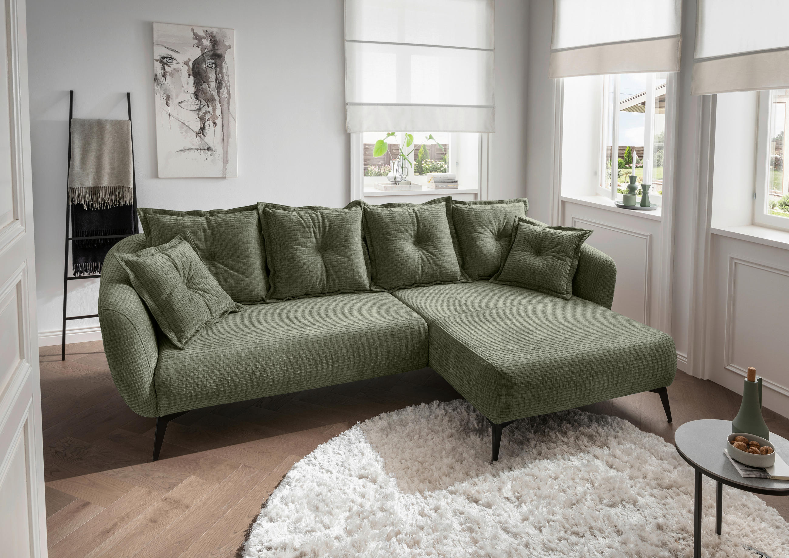 ECKSOFA in Mikrofaser Olivgrün  - Schwarz/Olivgrün, Modern, Textil/Metall (277/162cm) - Livetastic