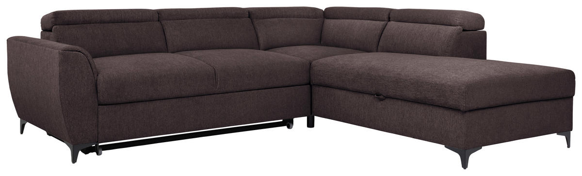 ECKSOFA in Velours Dunkelbraun  - Dunkelbraun/Schwarz, Konventionell, Textil/Metall (255/217cm) - MID.YOU