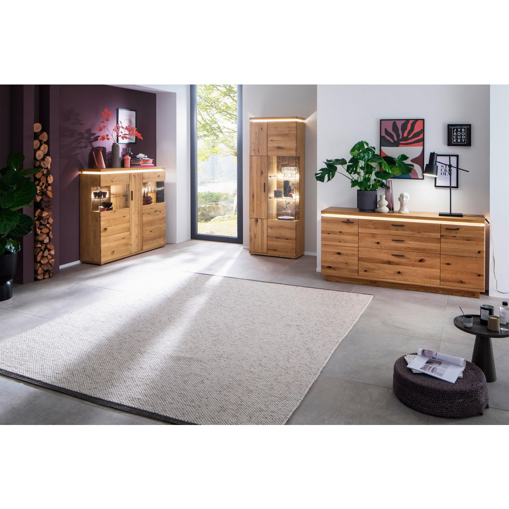 Thumbnail - Linea Natura Vitrine, Grau, Eiche, Holz, Glas, Balkeneiche, furniert, massiv, 11x Holz/ 2x Glas Fächer, 75x204x37 cm, Be...