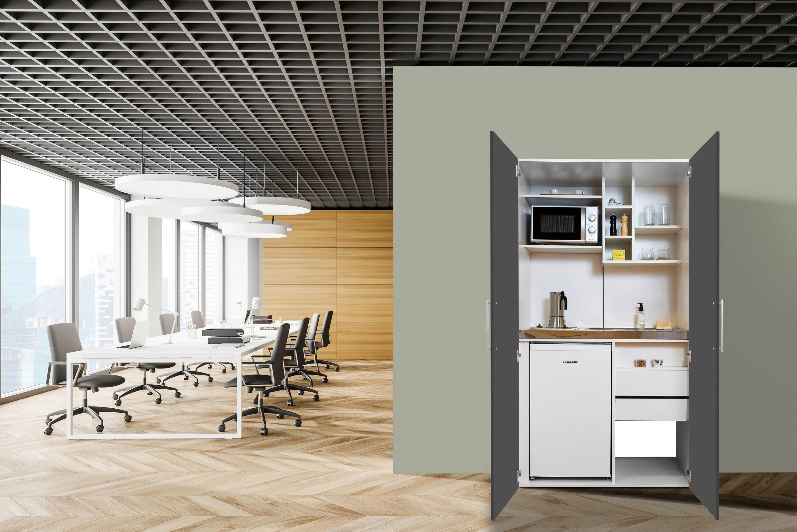 Schrankküche mit Mikrowelle + Kühlschrank 104 cm Weiß/Grau