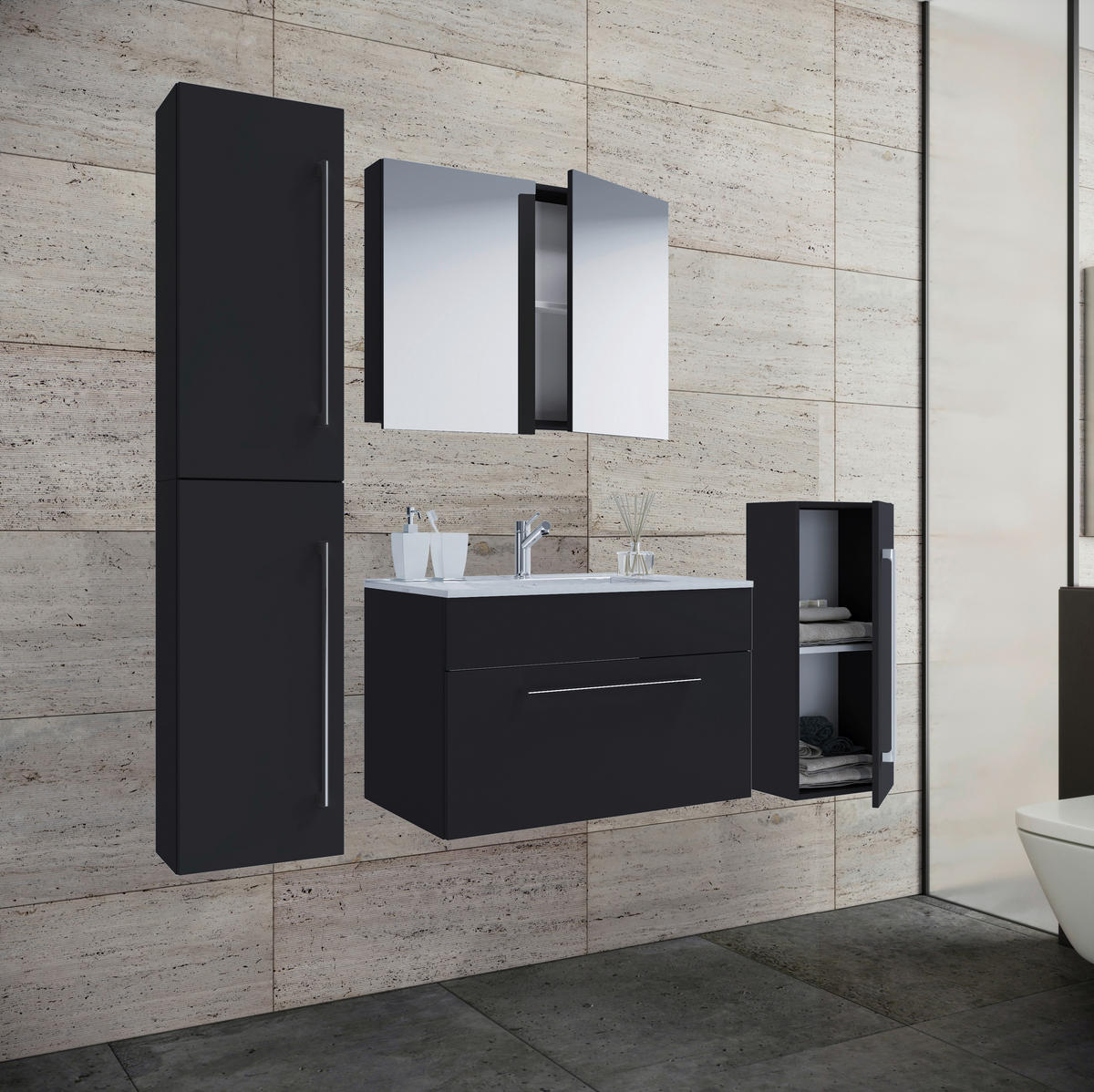 BADEZIMMER 5-teilig  in 126 cm  - Weiss/Alufarben, Modern, Keramik/Holzwerkstoff (126cm) - MID.YOU