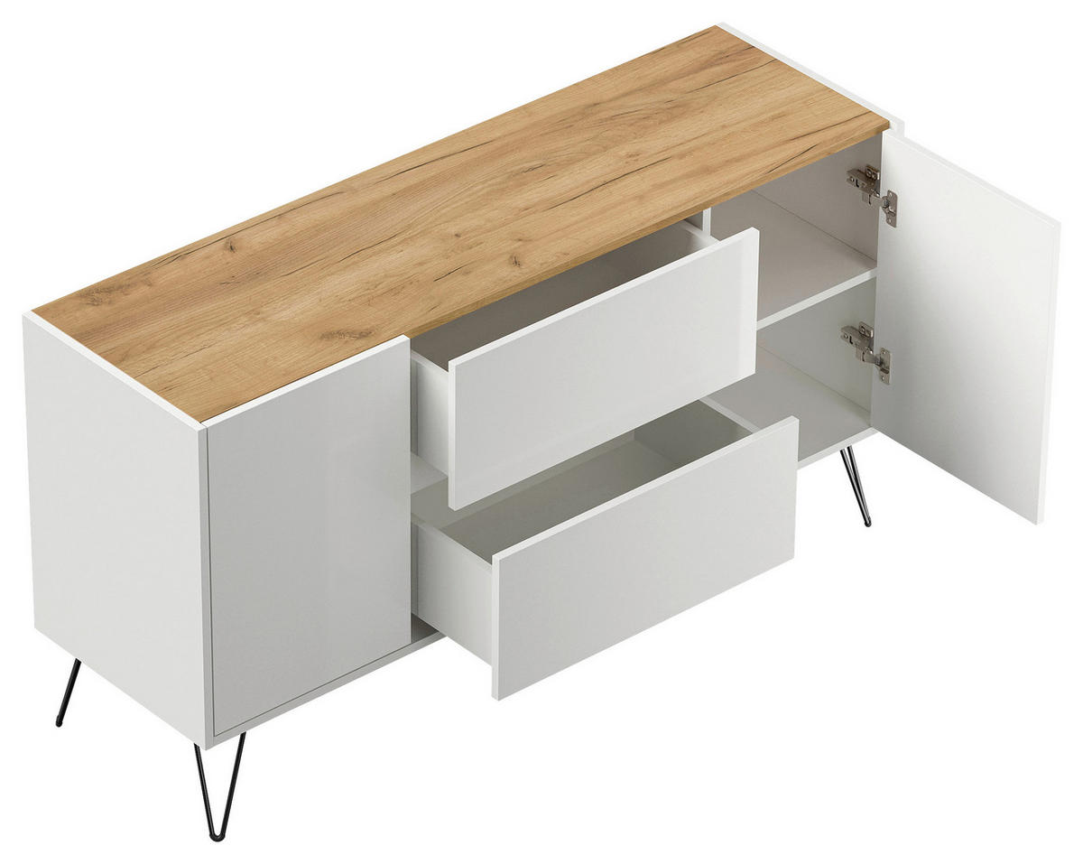 SIDEBOARD Posseik Industrial 139/75,8/42 cm 2 Schublade(n)  - Weiß Hochglanz/Eichefarben, Design, Holzwerkstoff/Metall (139/75,8/42cm) - MID.YOU