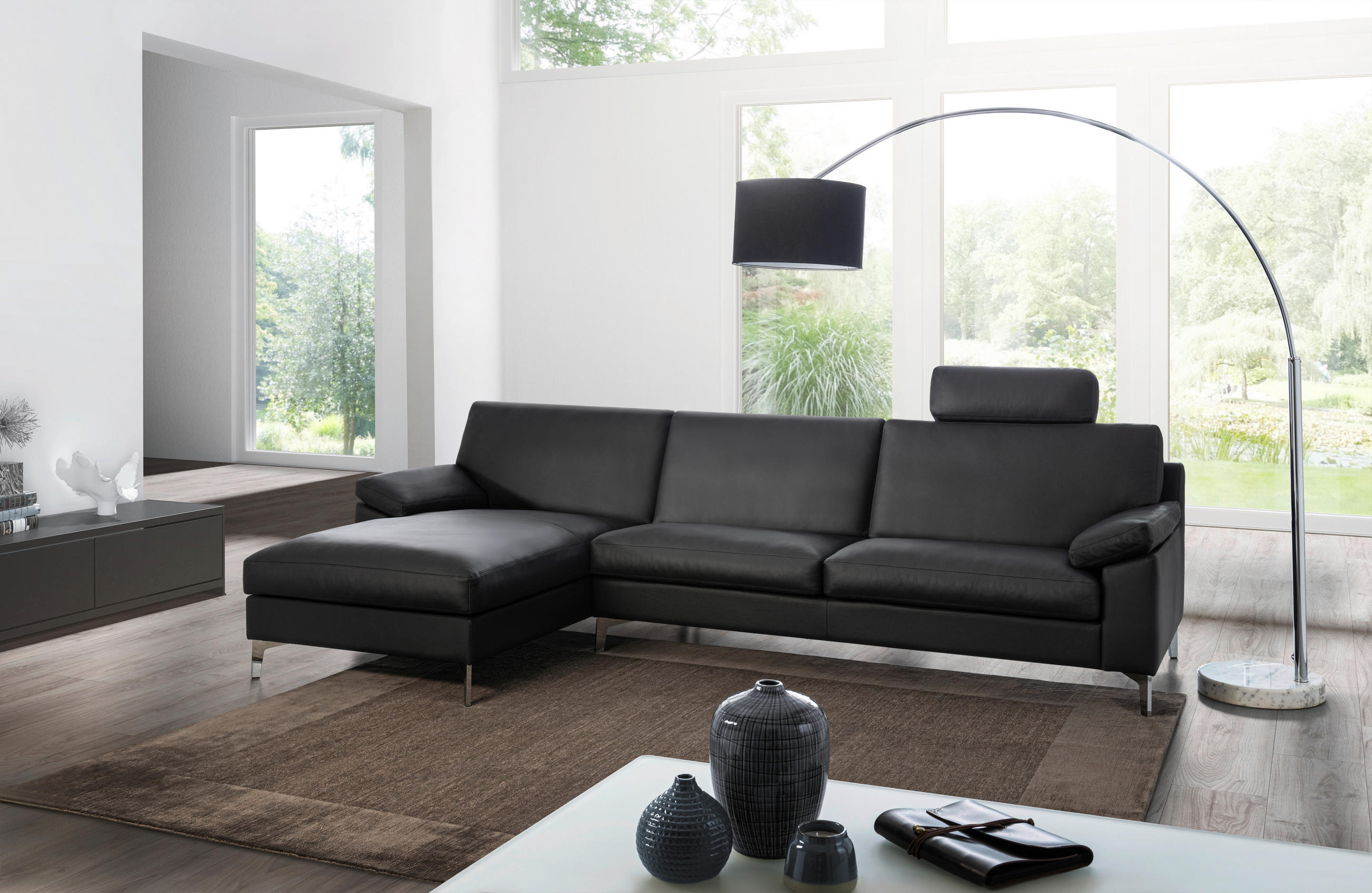 ECKSOFA in Echtleder Anthrazit  165/293 cm  - Chromfarben/Anthrazit, Design, Leder/Metall (165/293cm) - Erpo