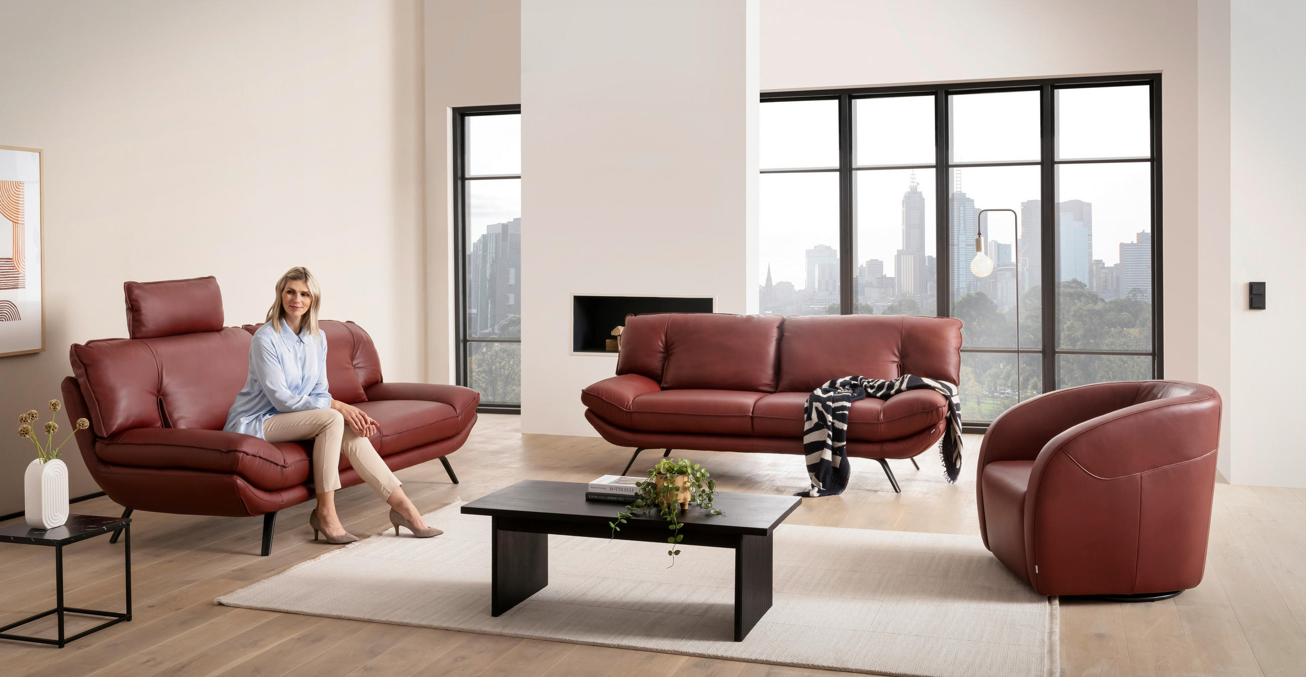 SESSEL in Echtleder Bordeaux - Bordeaux/Schwarz, Design, Leder/Kunststoff (80/78/82cm) - Celina