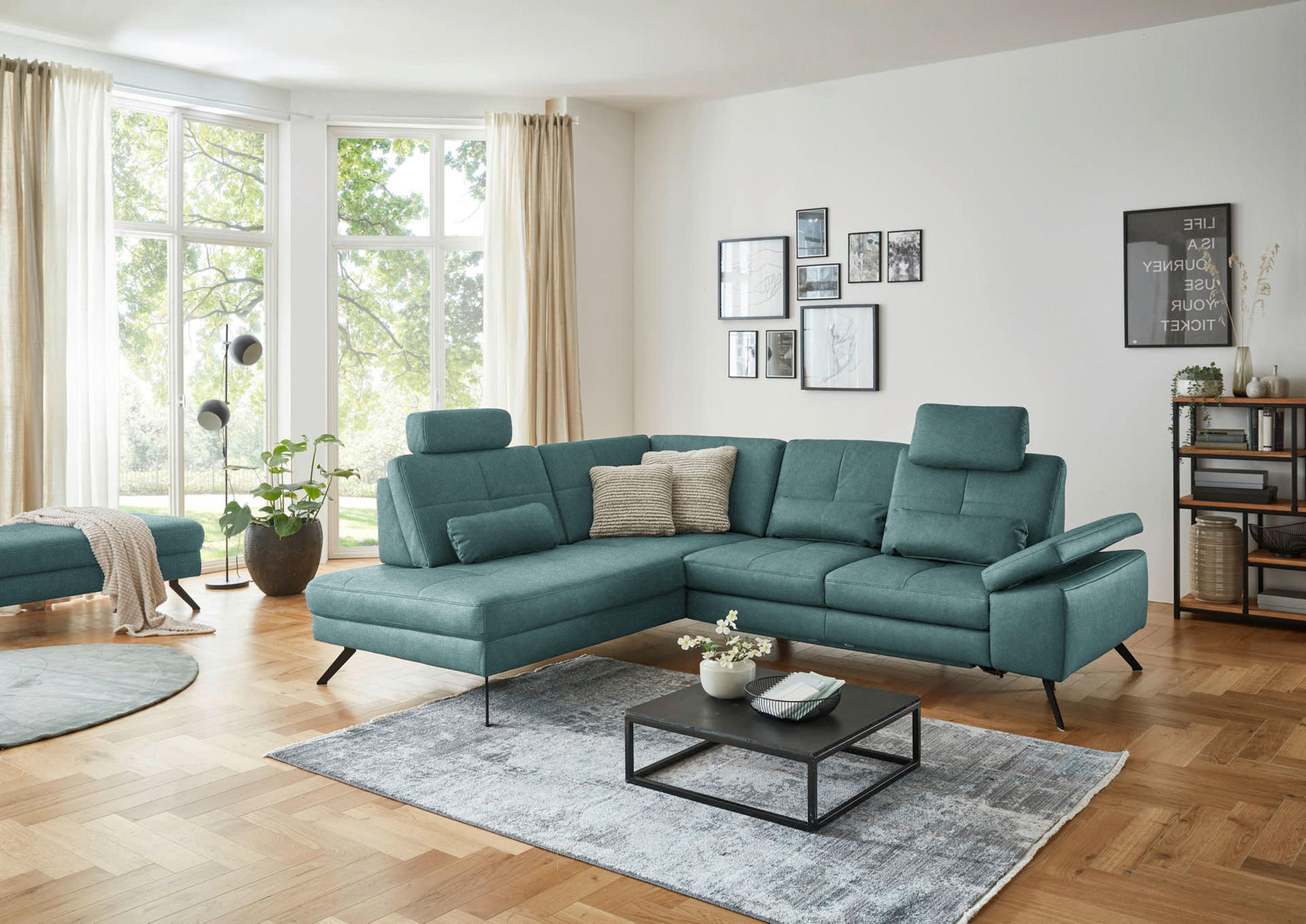ECKSOFA in Lederlook, Mikrofaser Türkis  - Türkis/Schwarz, Design, Textil/Metall (194/261cm) - Beldomo System