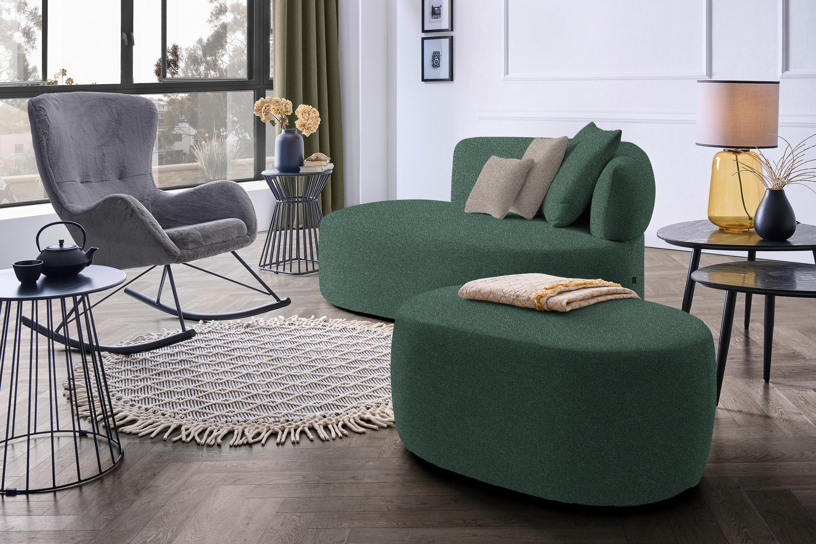 RÉCAMIERE in Plüsch Dunkelgrün, Graubraun  - Dunkelgrün/Graubraun, MODERN, Kunststoff/Textil (166/86/105cm) - Hom`in