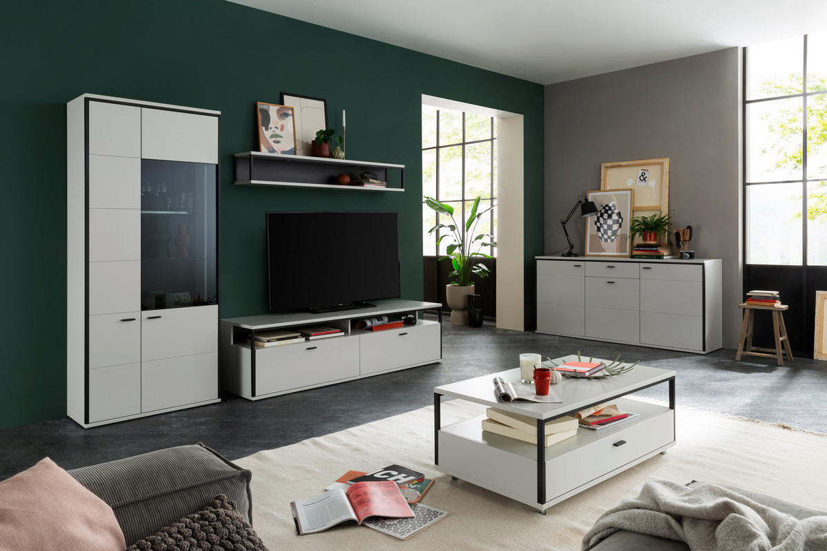 WOHNWAND  in Schwarz, Weiss 278/199/51 cm  - Weiss/Schwarz, Design, Glas/Holzwerkstoff (278/199/51cm) - Stylife