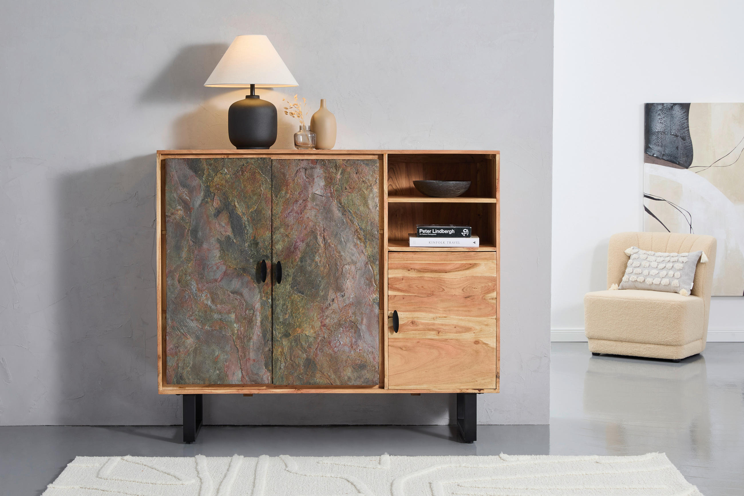 Tallinn Sideboard 140/120/40 cm  in Naturfarben  - Goldfarben/Naturfarben, Natur, Holz/Metall (140/120/40cm) - Livetastic