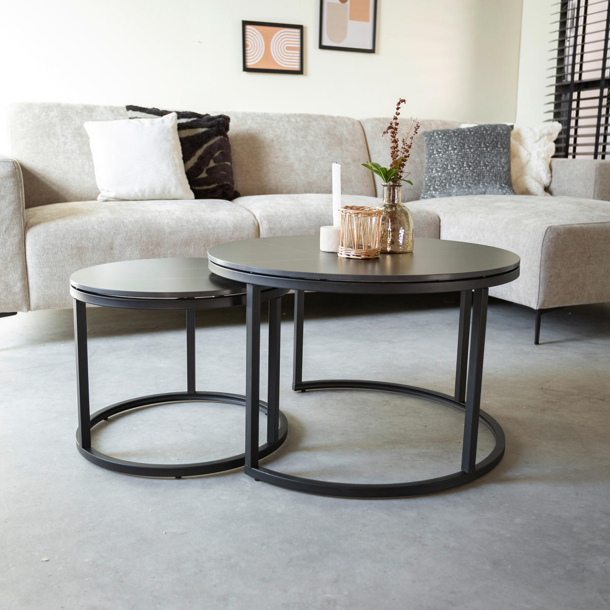 COUCHTISCH in Metall, Stein 68/68/43 cm  - Schwarz, KONVENTIONELL, Stein/Metall (68/68/43cm) - MID.YOU