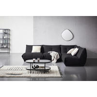 Livetastic ECKSOFA Schwarz Lederlook, links davon: Hochflorteppich in schwarz, Couchtisch in schwarz, rechts davon: Spiegel in weiß, Decke in weiß in hellem Wohnzimmer.