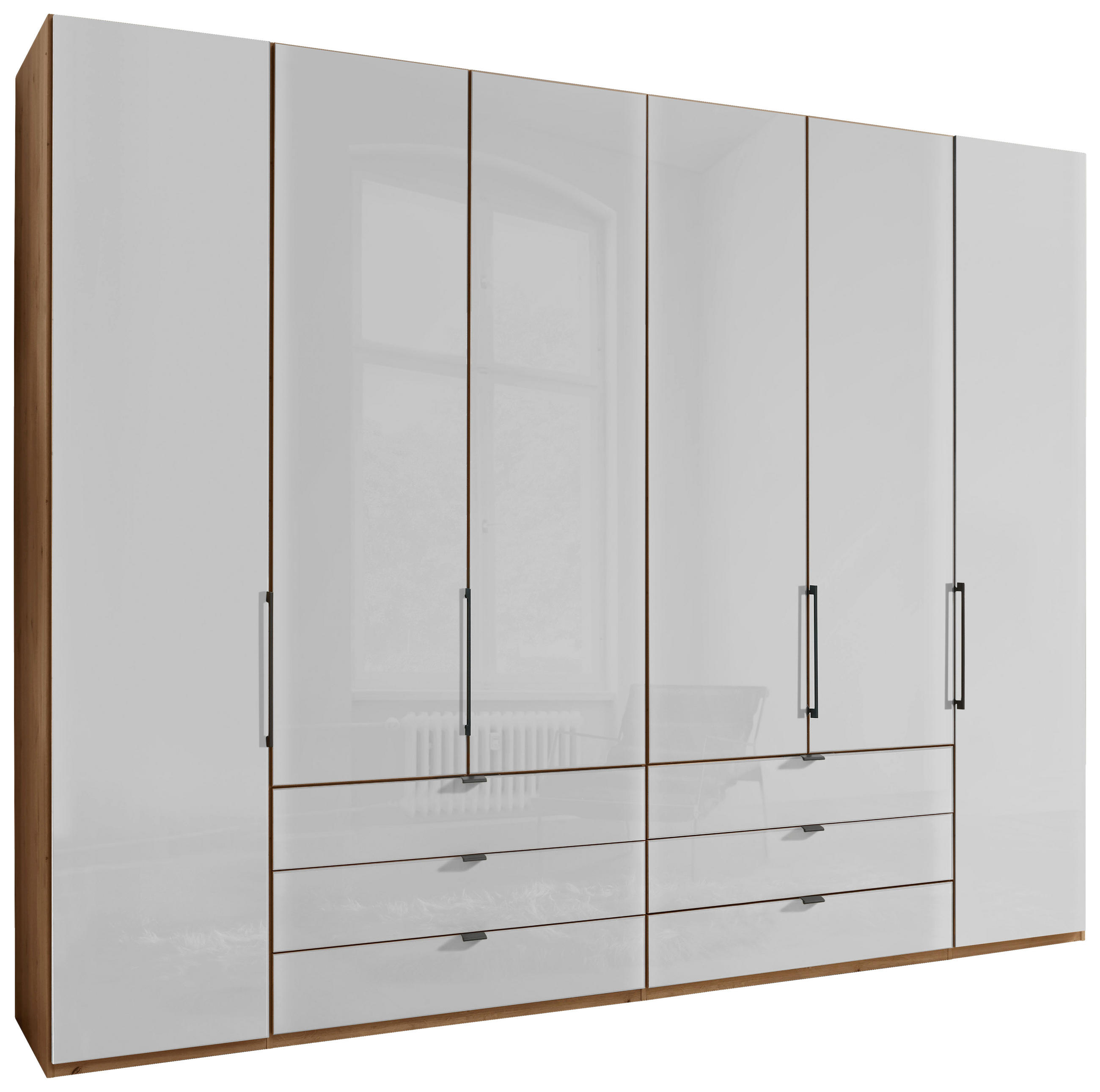 FALTTÜRENSCHRANK 300/236/58 cm 6-türig Weiß, Eiche Bianco  - Schieferfarben/Eiche Bianco, KONVENTIONELL, Glas/Holzwerkstoff (300/236/58cm) - Dieter Knoll