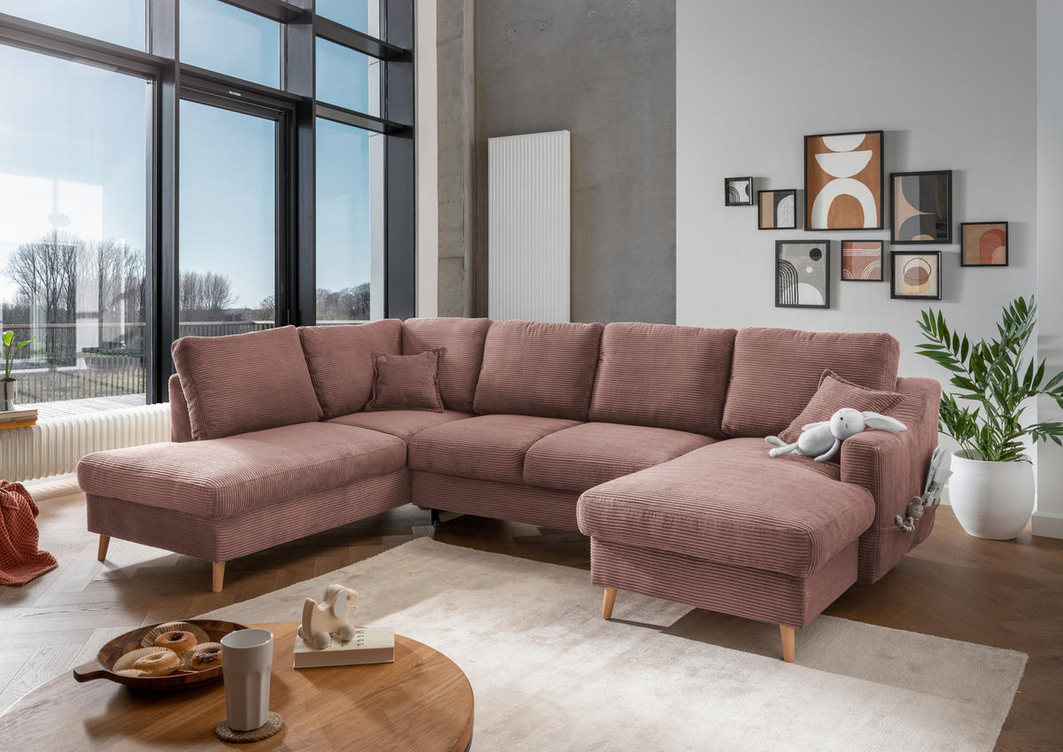 WOHNLANDSCHAFT in Cord Rosa  - Naturfarben/Rosa, Konventionell, Holz/Textil (200/301/150cm) - P & B