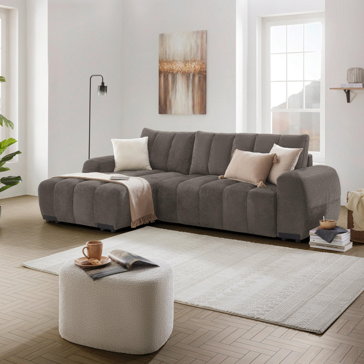 ECKSOFA Flachgewebe Graubraun  - Schwarz Hochglanz/Graubraun, Modern, Textil/Metall (166/93/273cm) - MID.YOU