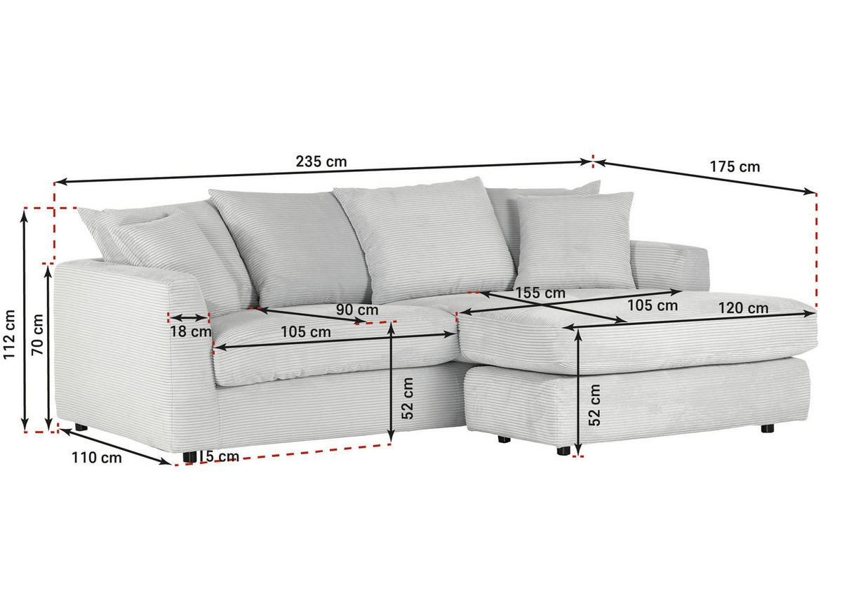 ECKSOFA Naturfarben Cord  - Schwarz/Naturfarben, Design, Kunststoff/Textil (235/175cm) - home24