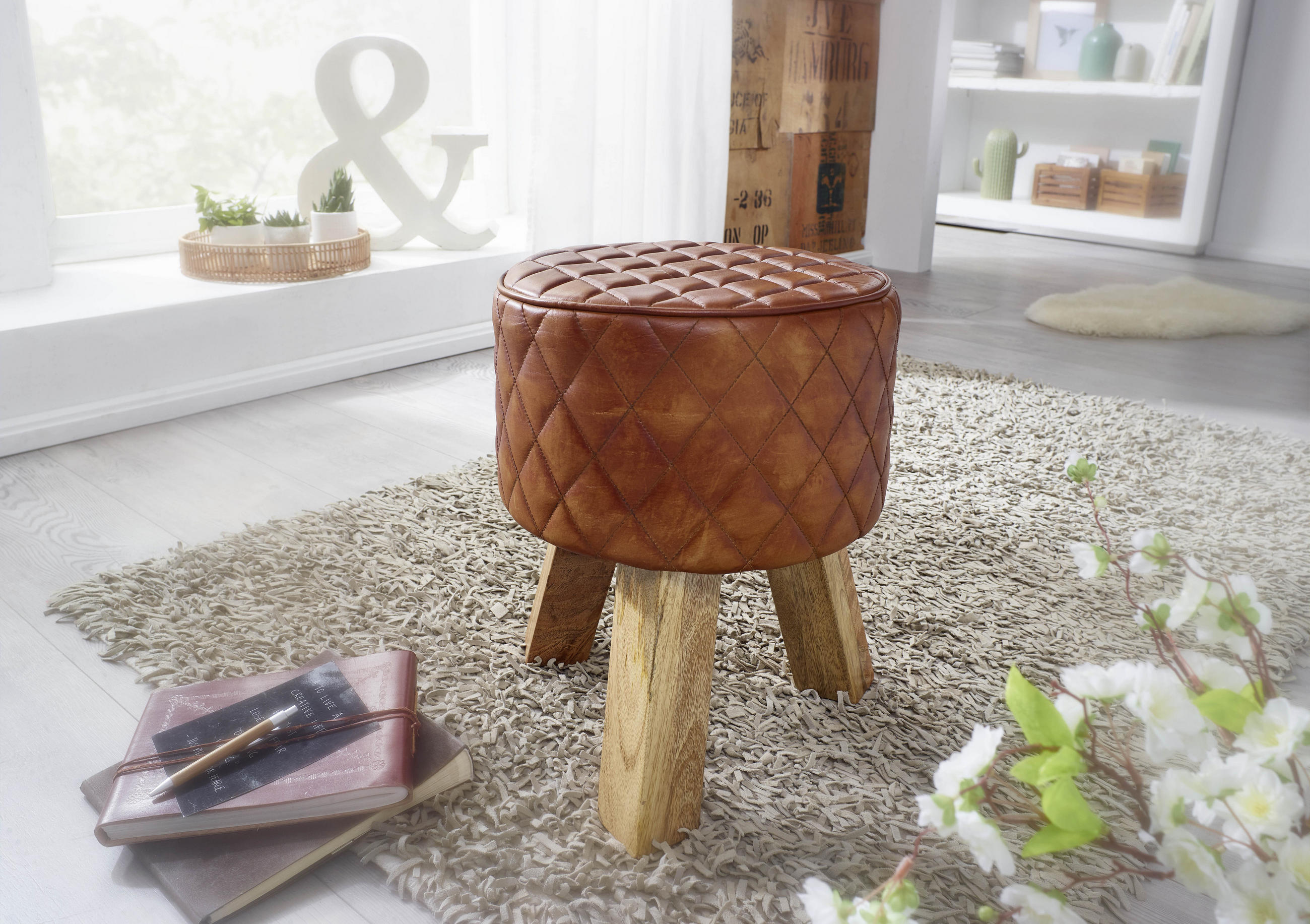HOCKER Echtleder Braun  - Naturfarben/Braun, MODERN, Leder/Holz (35/46/35cm) - MID.YOU