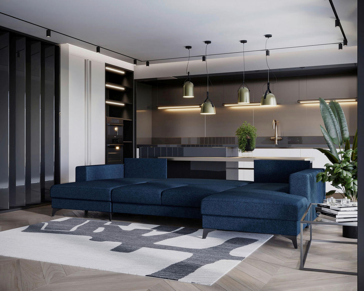 WOHNLANDSCHAFT  in Flachgewebe Blau  - Blau/Schwarz, Design, Textil/Metall (156/339/190cm) - Livetastic