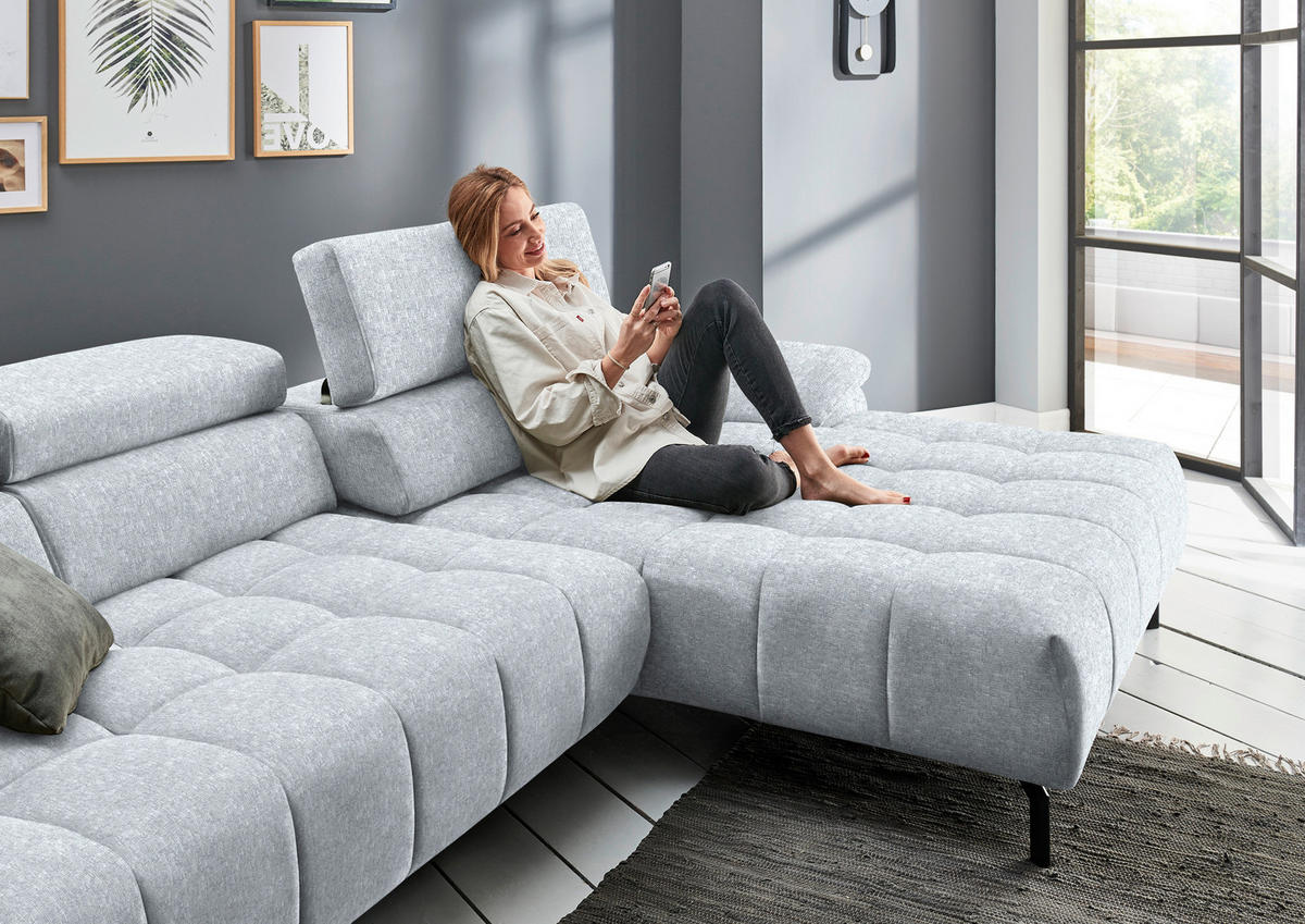 ECKSOFA in Chenille Hellgrau  329/190 cm  - Hellgrau/Schwarz, Design, Textil/Metall (329/190cm) - Beldomo Style