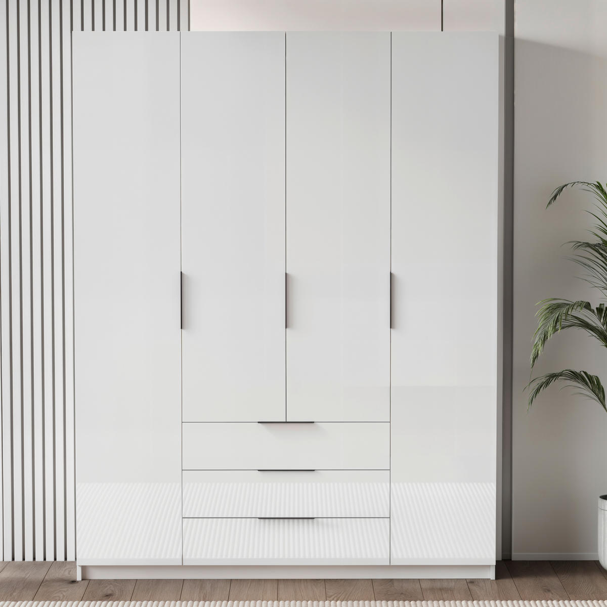 KLEIDERSCHRANK 168/220/60 cm 4-türig Weiß, Weiß Hochglanz  - Chromfarben/Weiß Hochglanz, KONVENTIONELL, Glas/Holzwerkstoff (168/220/60cm) - Boxxx