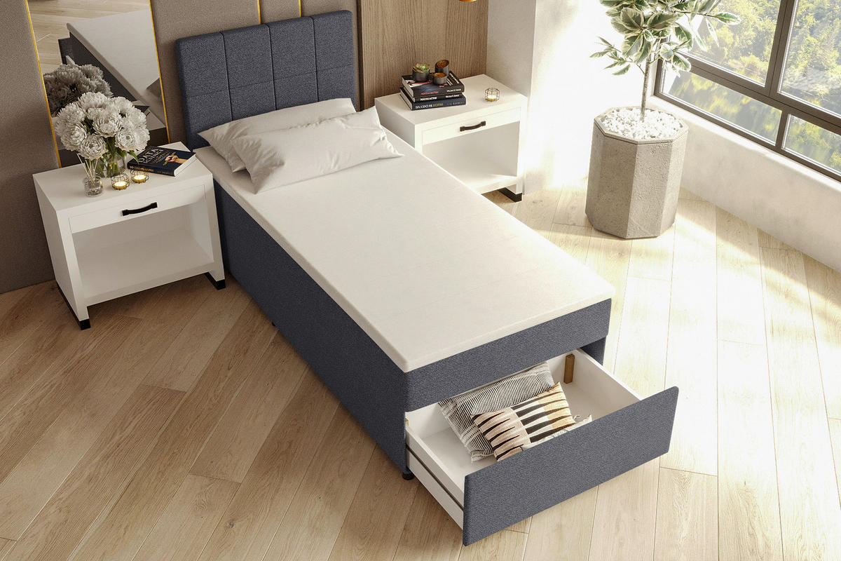 BOXBETT 90/200 cm,  in Blau, Matratze, Topper, Bettschublade, H3 = fest  - Blau/Schwarz, KONVENTIONELL, Kunststoff/Textil (90/200cm) - Boxxx