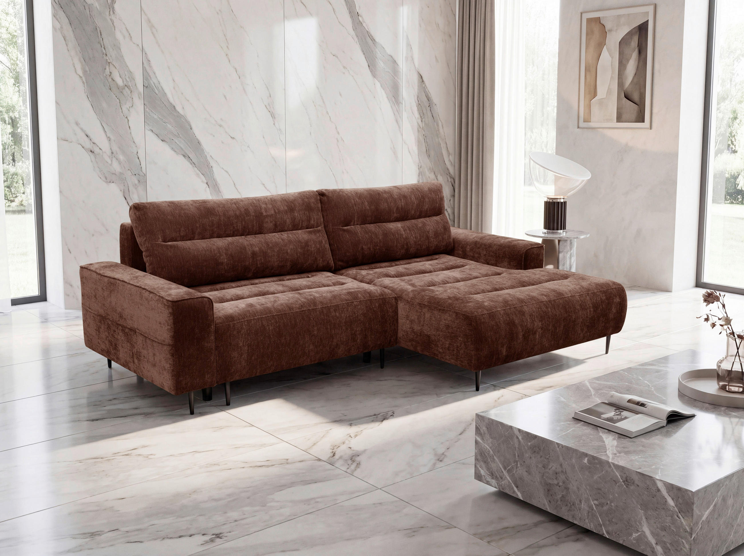 ECKSOFA PABLO in Struktur Kupferfarben Rückenkissen, Bettkasten  260/160 cm  - Schwarz/Kupferfarben, Design, Holz/Textil (260/160cm) - MID.YOU