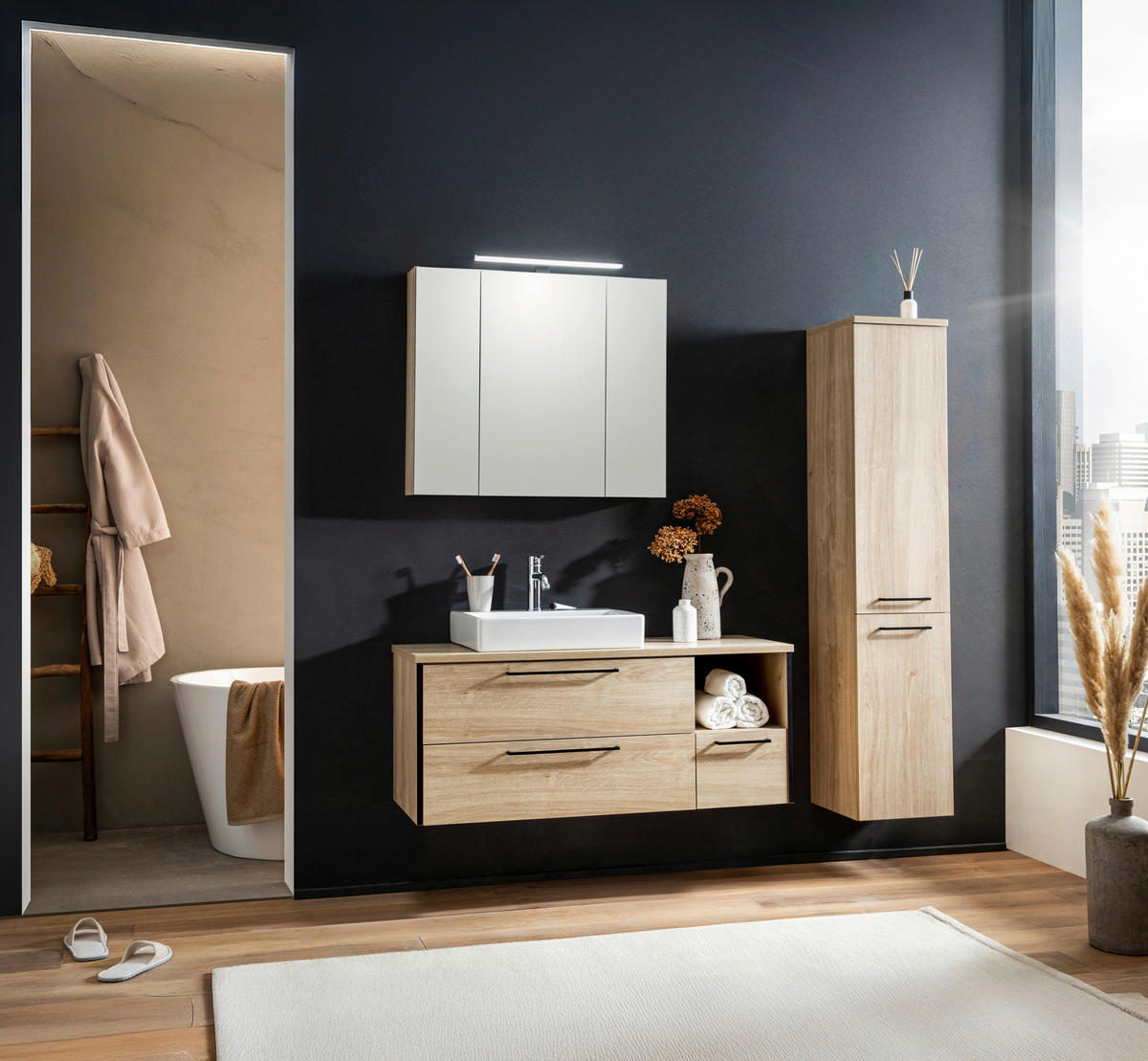WASCHTISCHKOMBI  - Eichefarben/Weiß Hochglanz, MODERN, Keramik/Holzwerkstoff (114/57,7/44cm) - Stylife