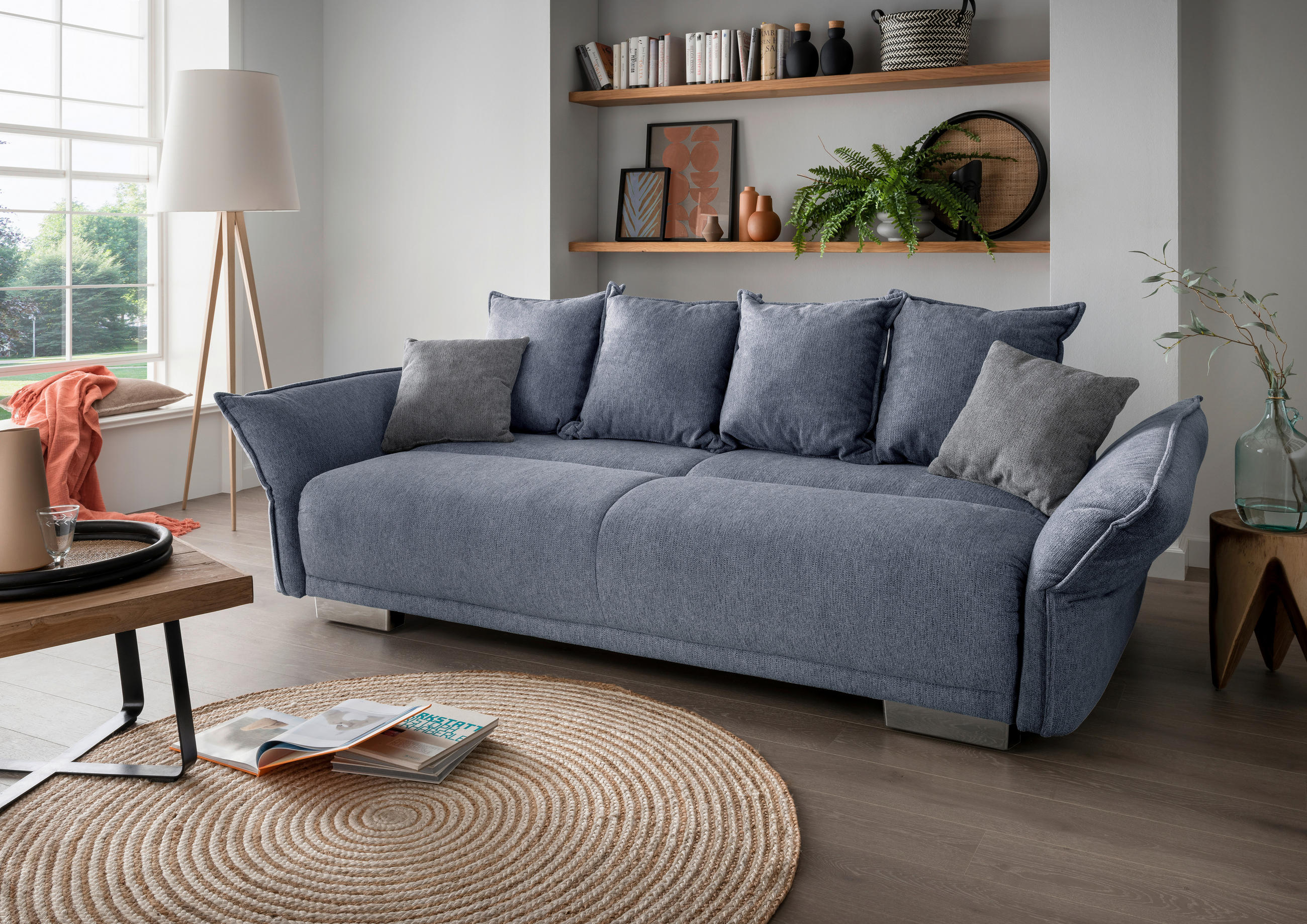 BIGSOFA in Chenille Hellblau  - Chromfarben/Silberfarben, Modern, Kunststoff/Textil (242/71/90/131cm) - Livetastic