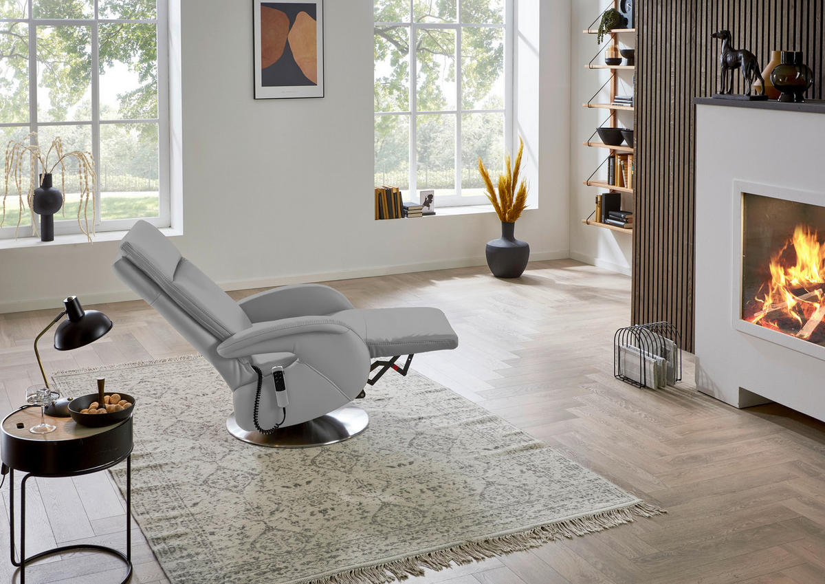 RELAXSESSEL in Leder Hellgrau  - Edelstahlfarben/Hellgrau, Design, Leder/Metall (70/108/80cm) - Cantus