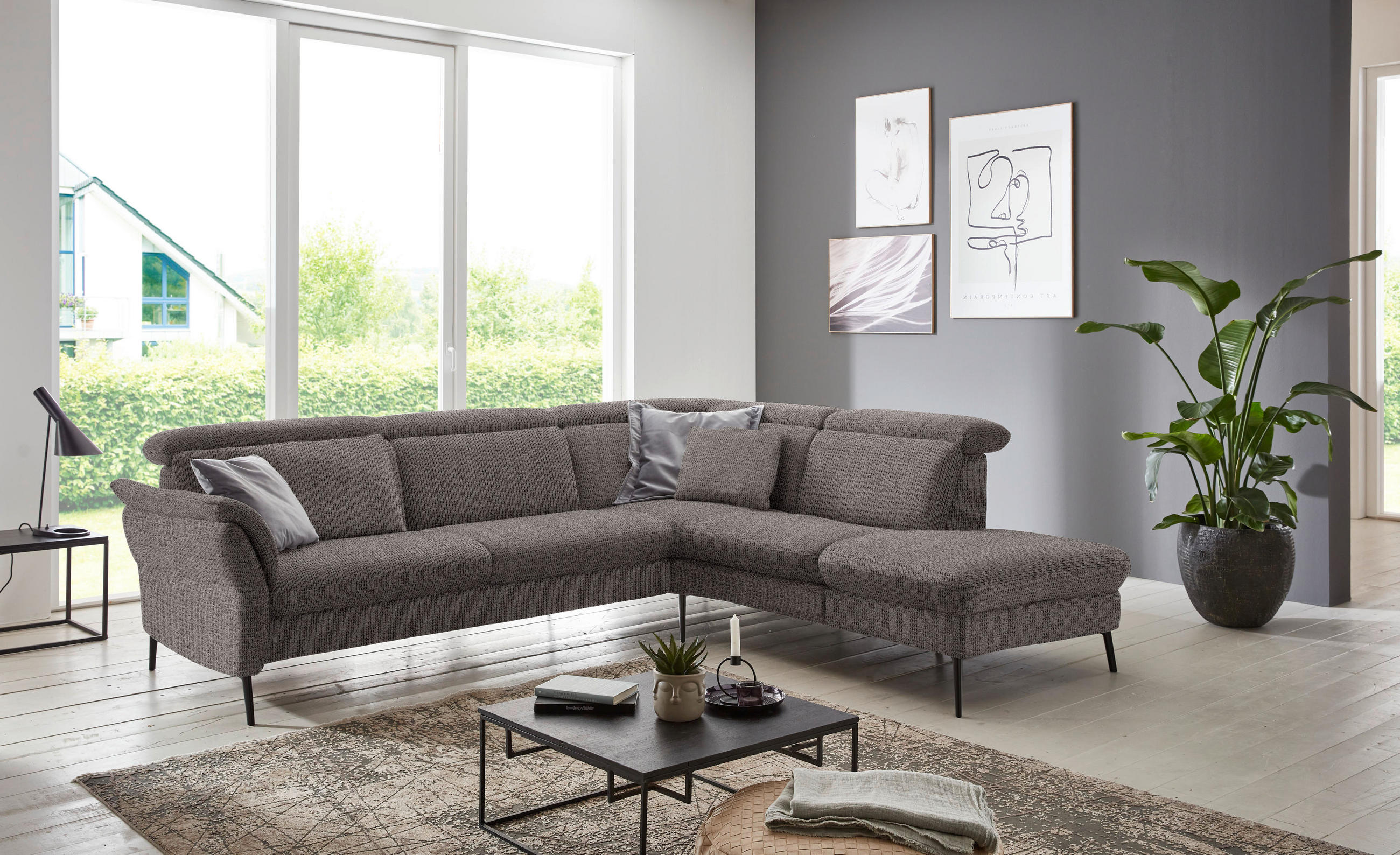 ECKSOFA in Struktur Dunkelgrau  - Dunkelgrau/Schwarz, Modern, Textil/Metall (275/235cm) - Cantus