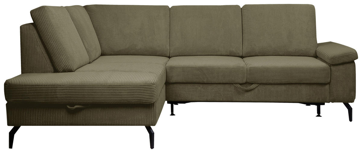 ECKSOFA Olivgrün Velours Bettkasten, Sitzvorzug  - Schwarz/Olivgrün, KONVENTIONELL, Textil/Metall (206/253cm) - Venda