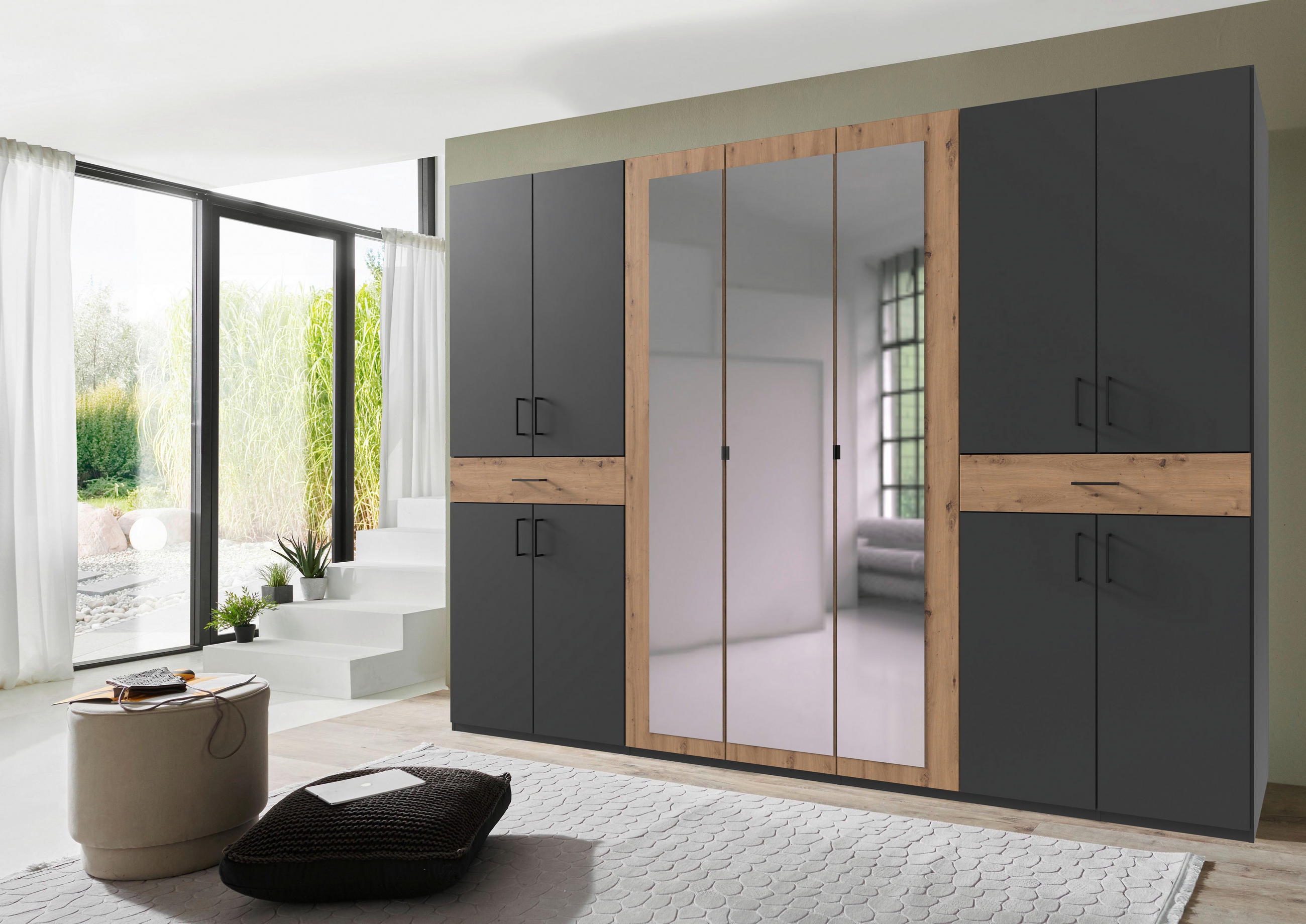 DREHTÜRENSCHRANK in Graphitfarben, Eiche Artisan  - Schwarz/Graphitfarben, Konventionell, Glas/Holzwerkstoff (313/208/58cm) - Carryhome