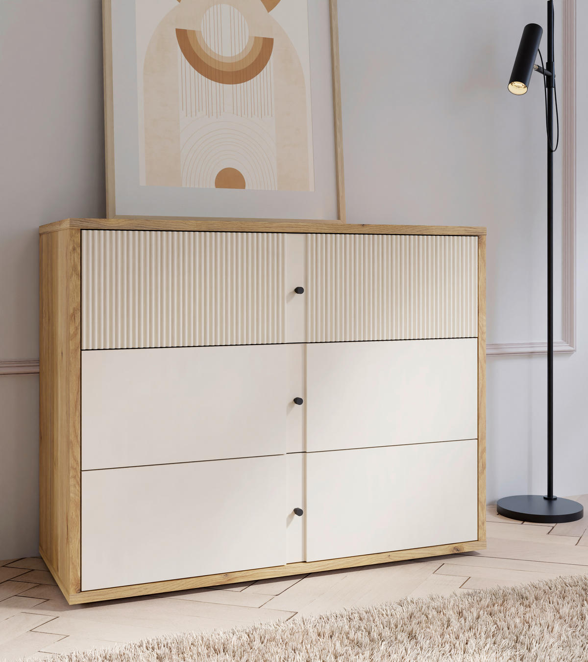 Comodă 104,8/83,1/42 cm  - culoare lemn stejar/nisipiu, Modern, plastic/metal (104,8/83,1/42cm) - Voleo