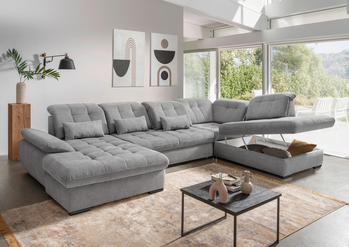 WOHNLANDSCHAFT in Chenille Silberfarben  - Silberfarben/Schwarz, Modern, Textil/Metall (184/387/252cm) - Livetastic