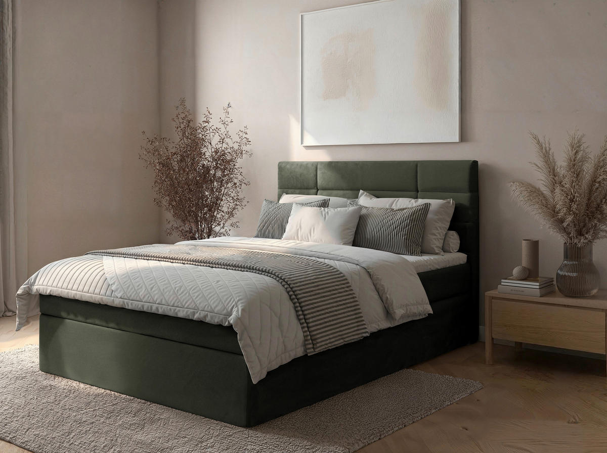 BOXBETT 140/200 cm,  in Dunkelgrün, Matratze, Rollrost, Topper, H2 = mittel  - Dunkelgrün/Schwarz, KONVENTIONELL, Holz/Kunststoff (140/200cm) - Boxxx