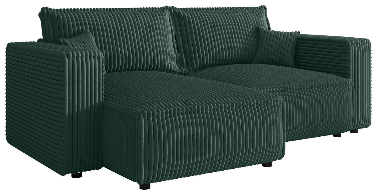 ECKSOFA Dunkelgrün Cord Zierkissen, Rückenkissen, Schlaffunktion, Rücken echt  - Dunkelgrün/Schwarz, MODERN, Kunststoff/Textil (153/250cm) - Xora