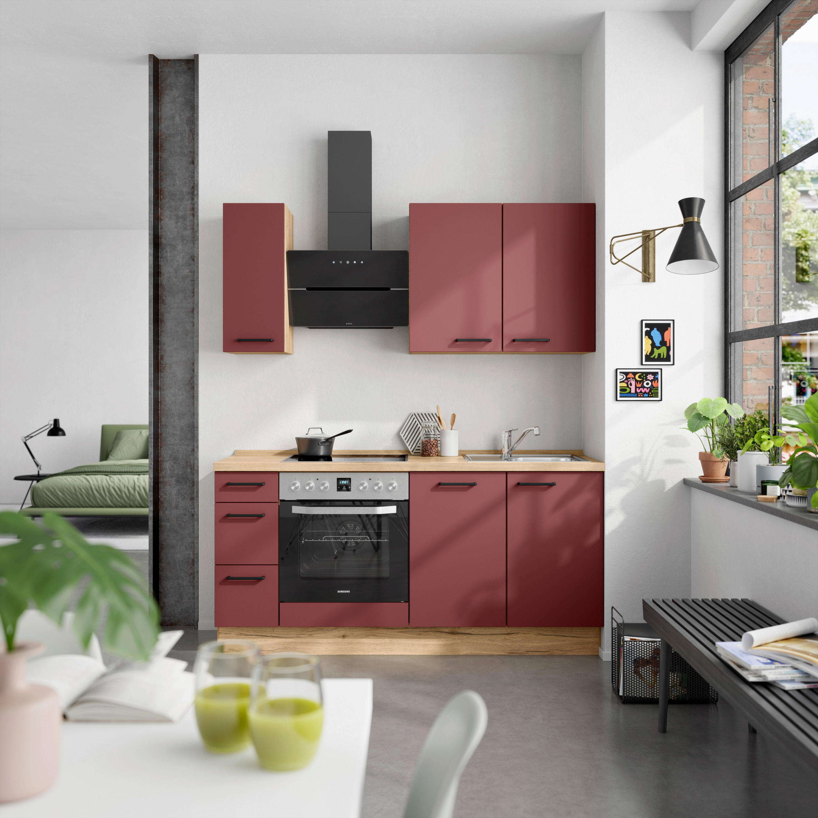 KÜCHENBLOCK Easytouch 180 cm  in Eichefarben, Dunkelrot  - Eichefarben/Schwarz, MODERN, Holzwerkstoff/Metall (180cm) - Nobilia