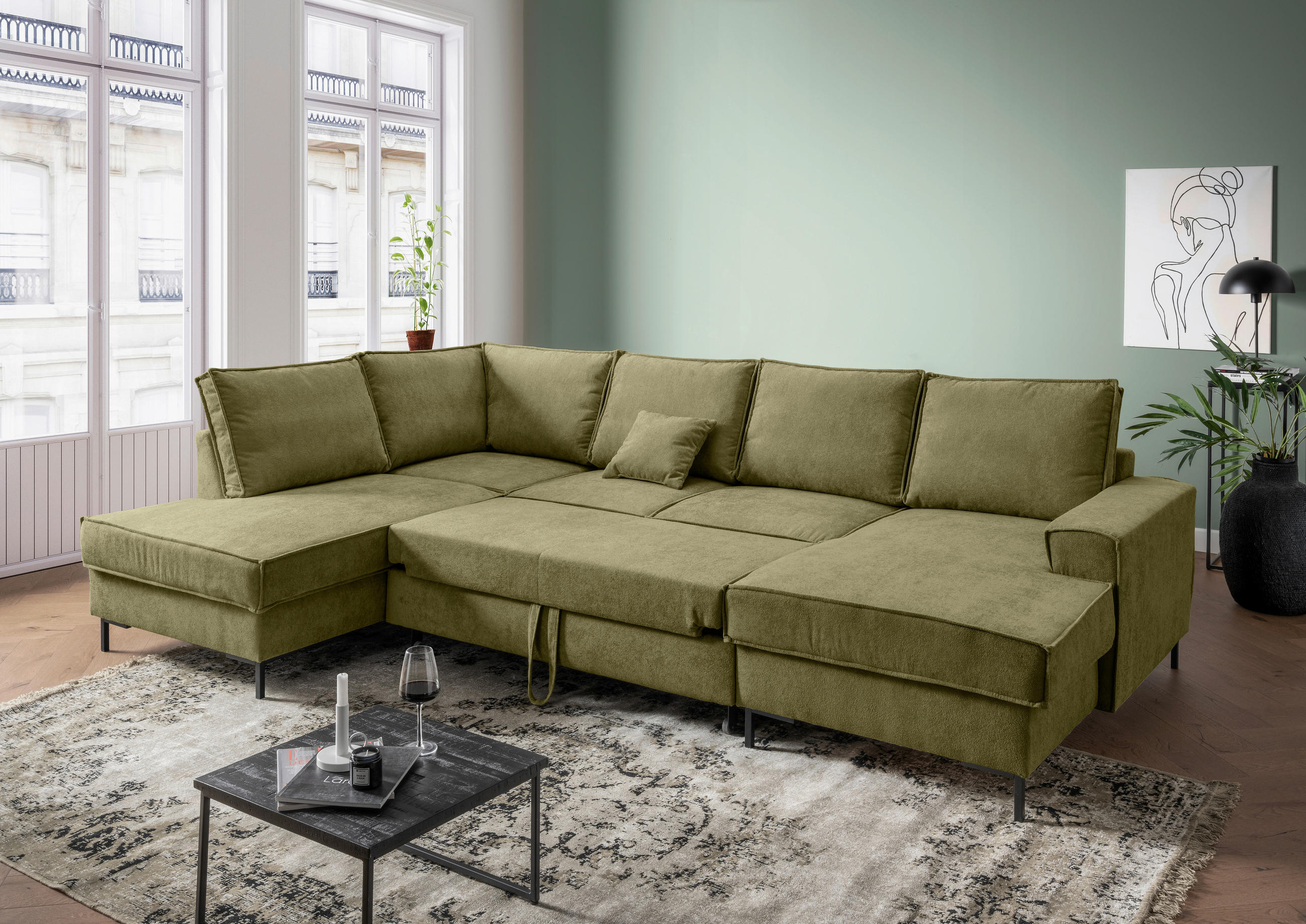 WOHNLANDSCHAFT Grün Mikrofaser  - Schwarz/Grün, MODERN, Textil/Metall (198/309/150cm) - MID.YOU