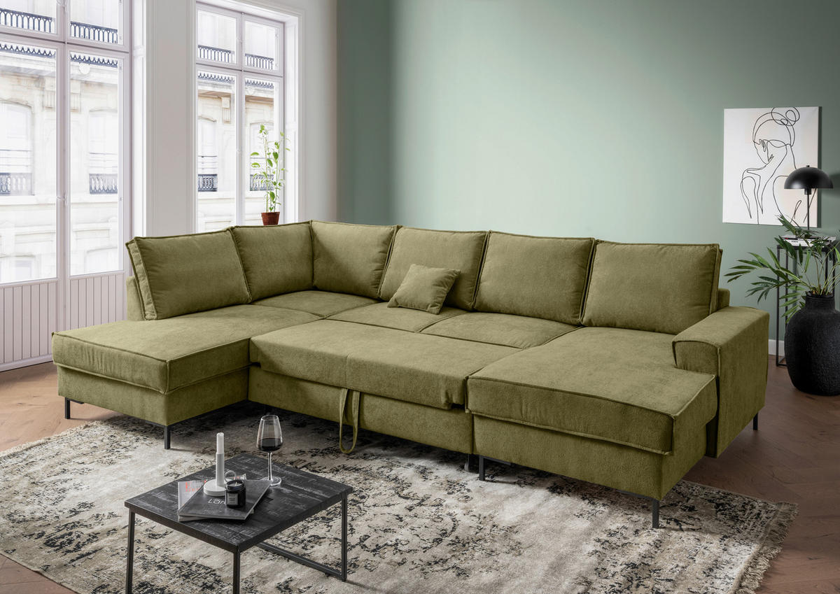 SJEDEĆA GARNITURA tekstil  zelena   - zelena/crna, Moderno, tekstil/metal (198/309/150cm) - MID.YOU