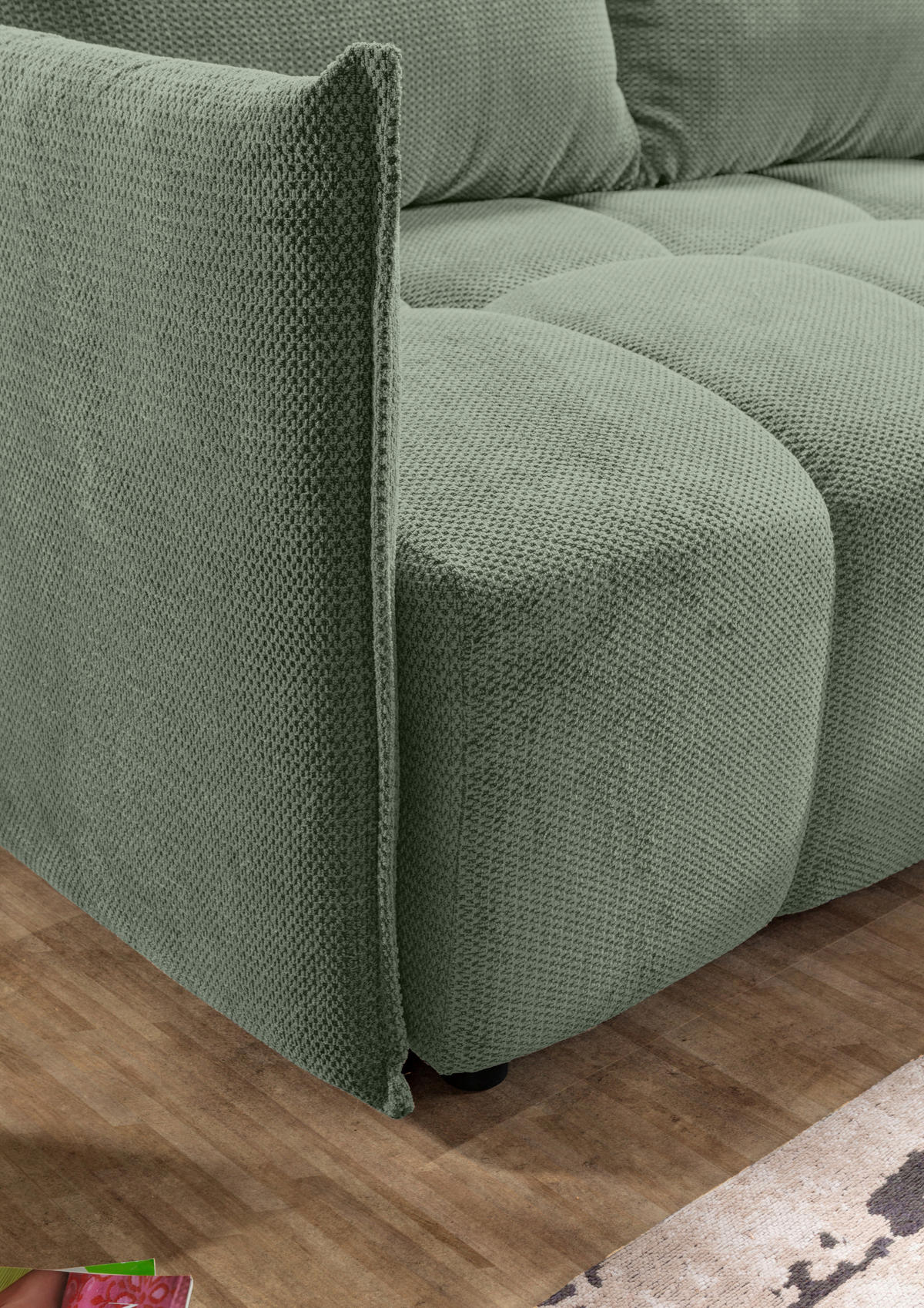 ECKSOFA Salbeigrün Plüsch Zierkissen, Rückenkissen, Bettkasten, Schlaffunktion, Rücken echt, Liegefläche im Originalstoff  - Salbeigrün/Schwarz, KONVENTIONELL, Kunststoff/Textil (253/192cm) - Carryhome