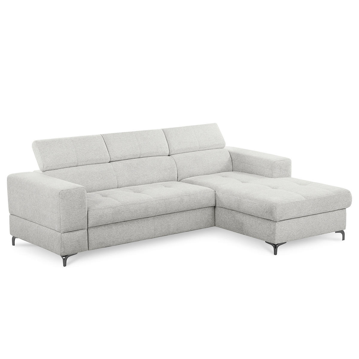 ECKSOFA TORINO Hellgrau Chenille Bettkasten, Kopfteilverstellung  - Schwarzchrom/Hellgrau, Design, Textil/Metall (247/173cm) - Livetastic