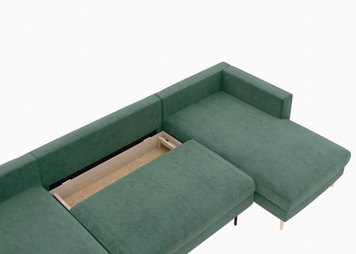 WOHNLANDSCHAFT Dunkelgrün Cord  - Dunkelgrün/Buchefarben, MODERN, Holz/Textil (161/306/161cm) - Trendmanufaktur