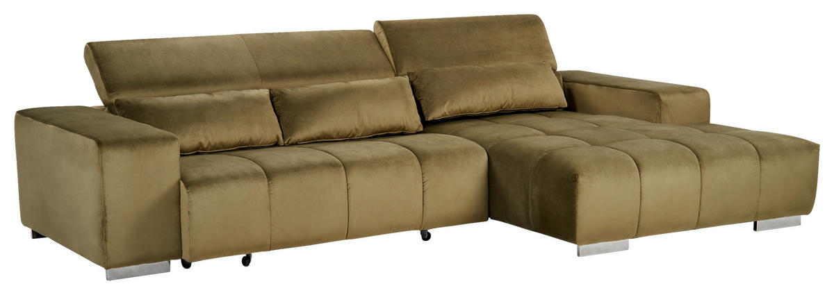 ECKSOFA Olivgrün Velours  - Silberfarben/Olivgrün, KONVENTIONELL, Textil/Metall (307/186cm) - Livetastic