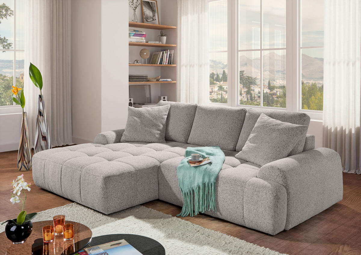 Ecksofa mit Funktion Grau Flachgewebe Zierkissen, Rückenkissen, Bettkasten, Schlaffunktion, Rücken echt, Liegefläche im Originalstoff  - Schwarz/Grau, KONVENTIONELL, Kunststoff/Textil (190/277cm) - Carryhome
