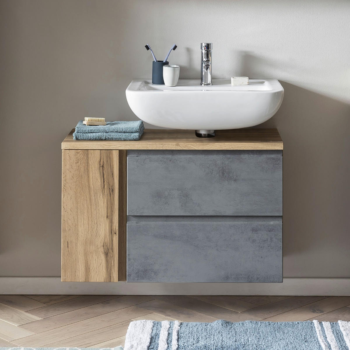 SKRINKA POD UMÝVADLO, 85/56/35 cm - svetlosivá/dub wotan, Modern, kompozitné drevo (85/56/35cm) - Held