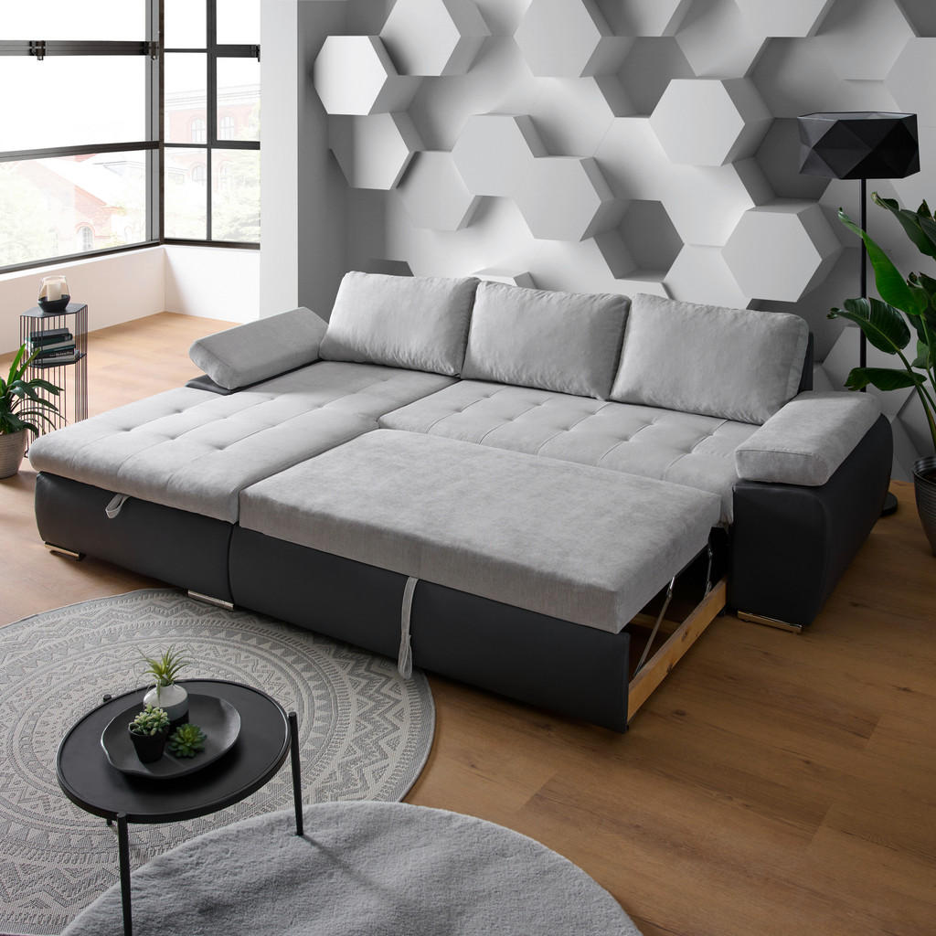 Thumbnail - Livetastic Ecksofa, Hellgrau, Dunkelgrau, Textil, 3-Sitzer, Ottomane links, L-Form, 271x175 cm, Made in Europe, seitenve...