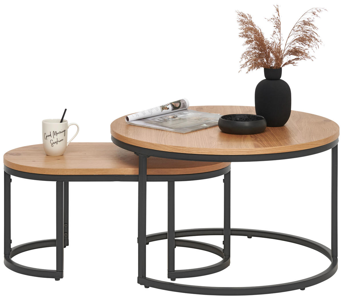 COUCHTISCHSET in Holz, Metall, Holzwerkstoff 70/70/42 cm  - Eichefarben/Schwarz, KONVENTIONELL, Holz/Holzwerkstoff (70/70/42cm) - Stylife