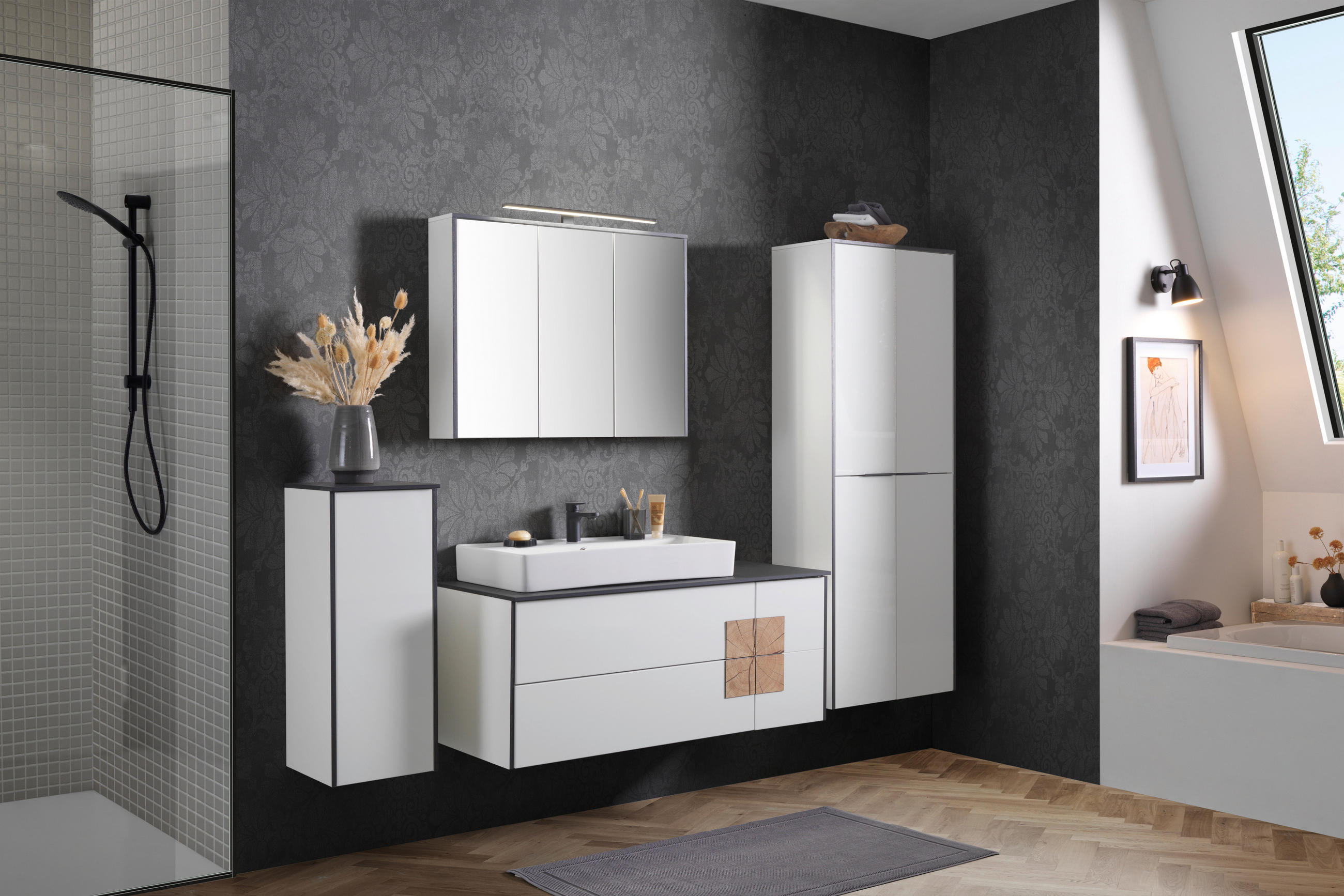 MIDISCHRANK 32,8/82,2/33 cm  - Weiß Hochglanz/Schwarz, Basics, Glas/Holzwerkstoff (32,8/82,2/33cm) - Voleo