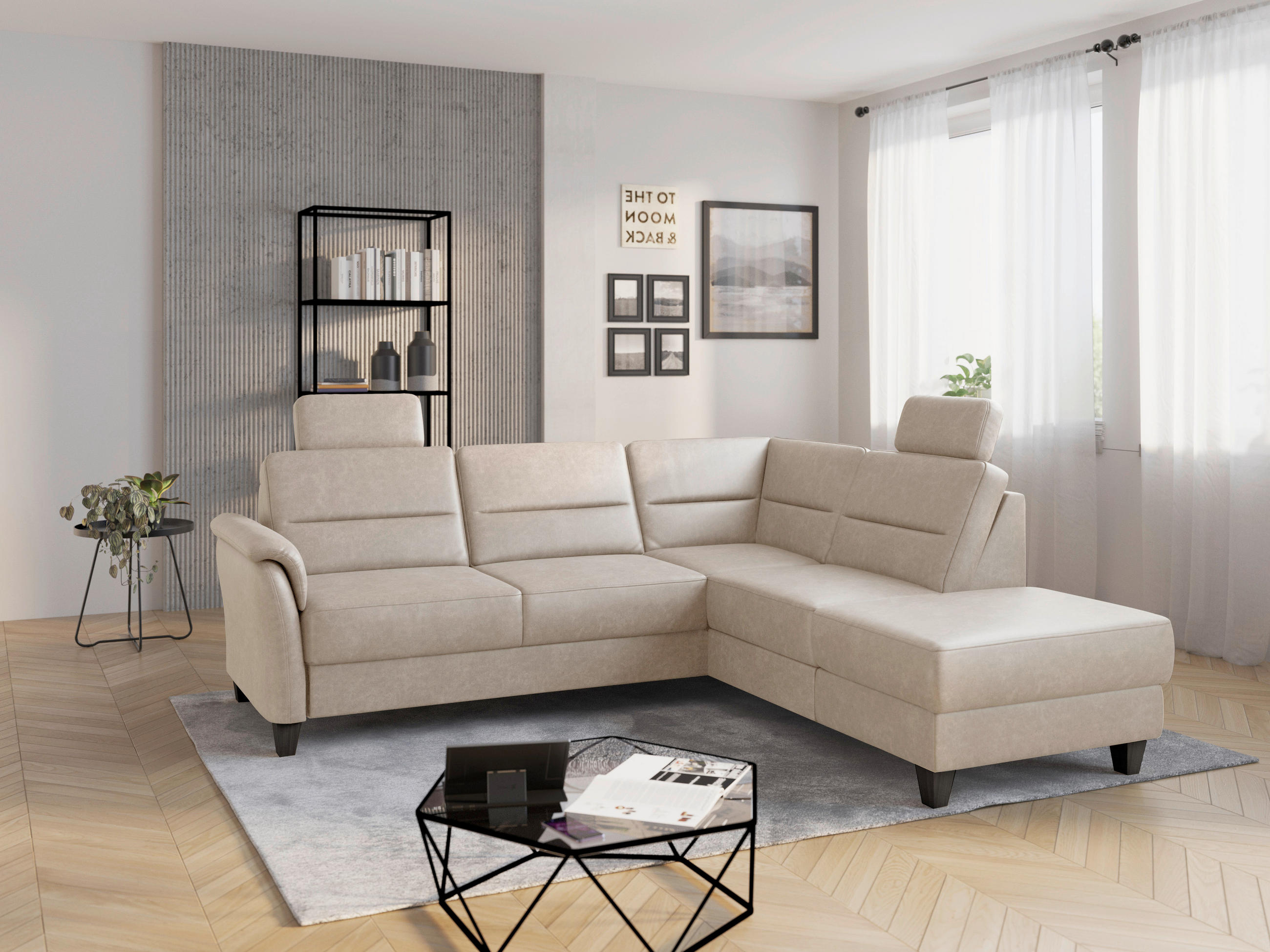 ECKSOFA PALMERA V Beige Mikrofaser Kopfstütze, Liegefläche im Originalstoff  - Wengefarben/Beige, KONVENTIONELL, Holz/Textil (236/212cm) - Sit & More