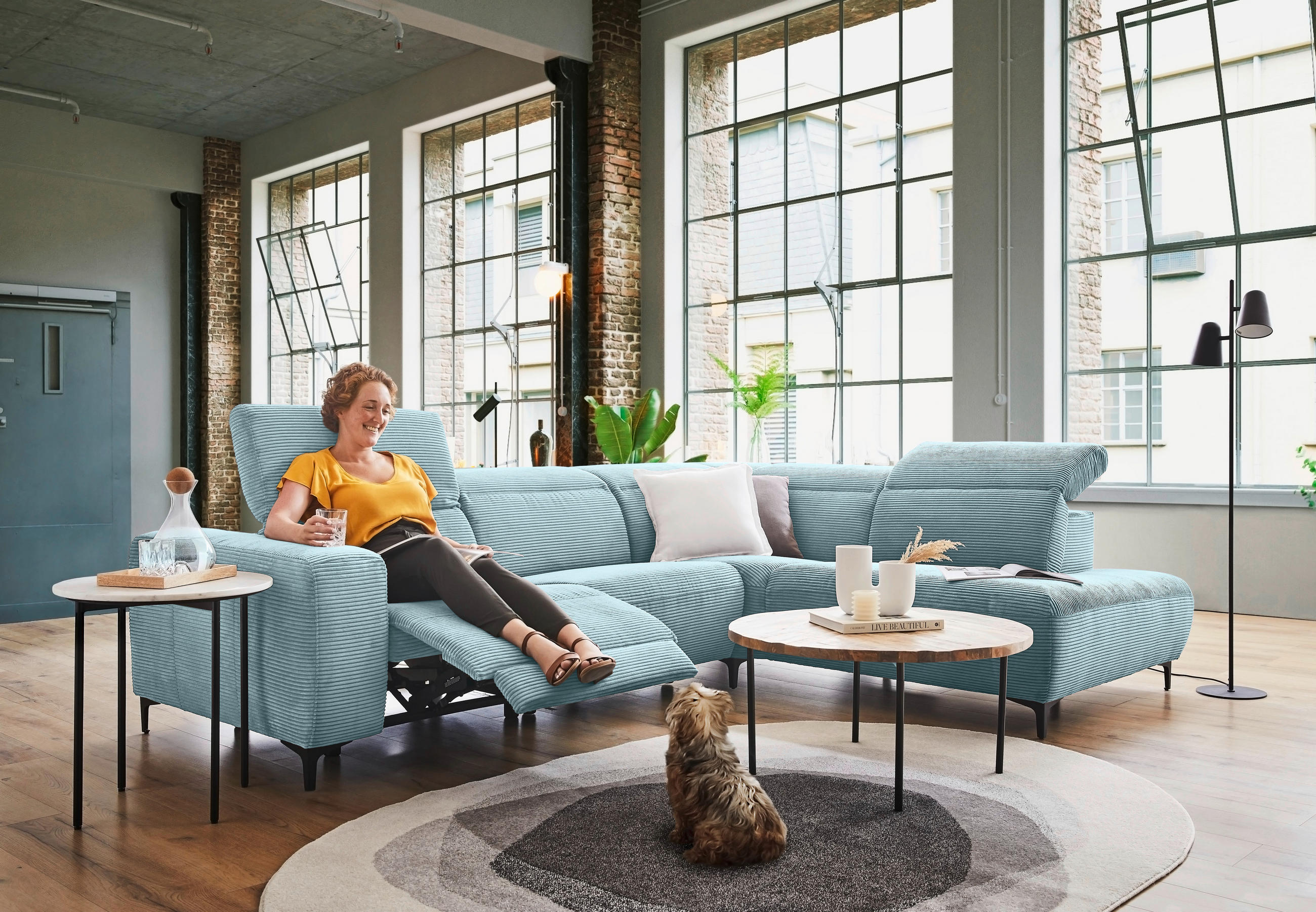 Thumbnail - Pure Home Lifestyle Ecksofa, Hellblau, Textil, Uni, Ottomane rechts, L-Form, 290x223 cm, Blauer Engel, Goldenes M, Dgm, ...