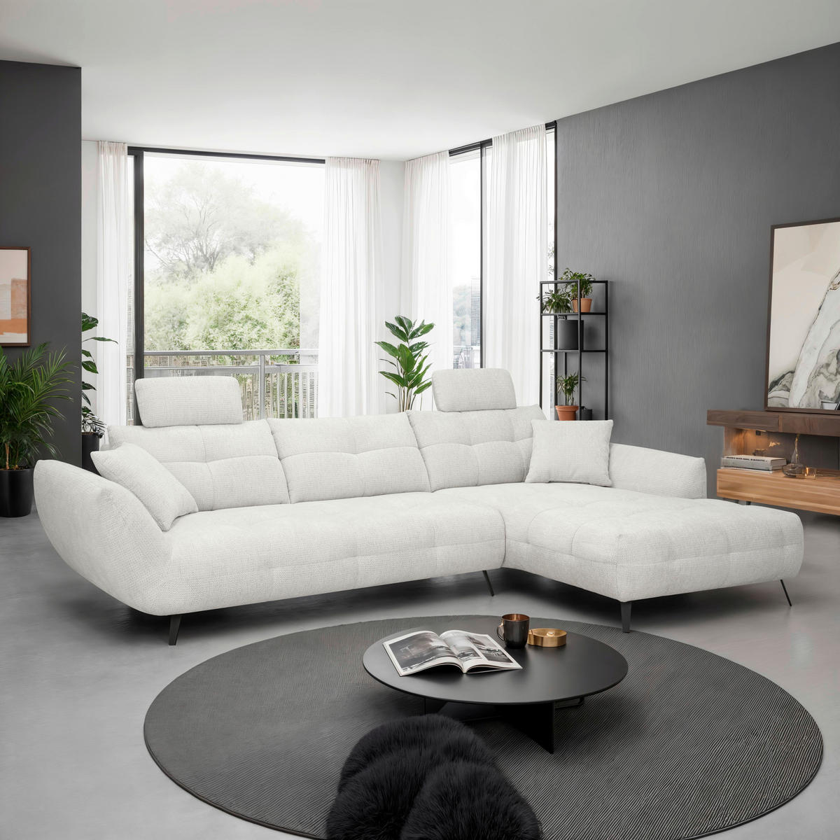 ECKSOFA  in Chenille Elfenbein  313/215 cm  - Elfenbein/Schwarz, KONVENTIONELL, Textil/Metall (313/215cm) - Hom`in