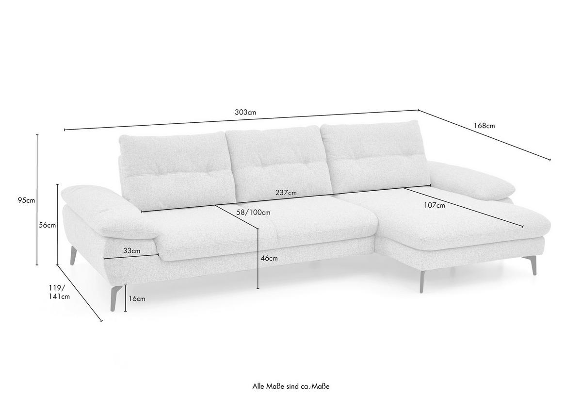 ECKSOFA Hellgrau Flachgewebe  - Hellgrau/Schwarz, Design, Textil/Metall (303/168cm) - Valdera